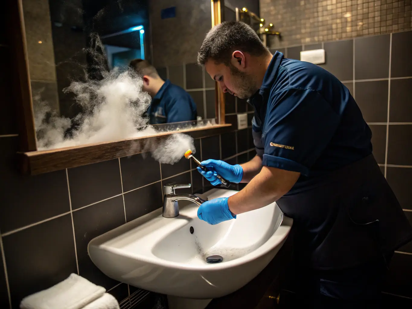 A high-resolution image depicting a cleaning professional thoroughly disinfecting a bathroom in a tourist apartment, with a focus on hygiene and attention to detail.