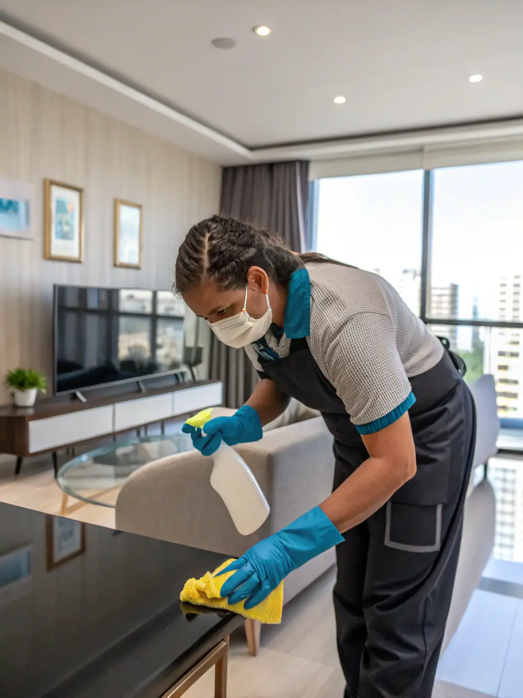 A close-up shot of advanced cleaning equipment being used to sanitize a bathroom in a tourist apartment, highlighting the company's use of modern techniques.