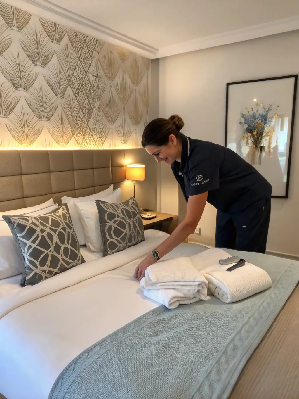 A staff member neatly arranging fresh towels and toiletries in a well-lit apartment bathroom, creating a welcoming atmosphere.