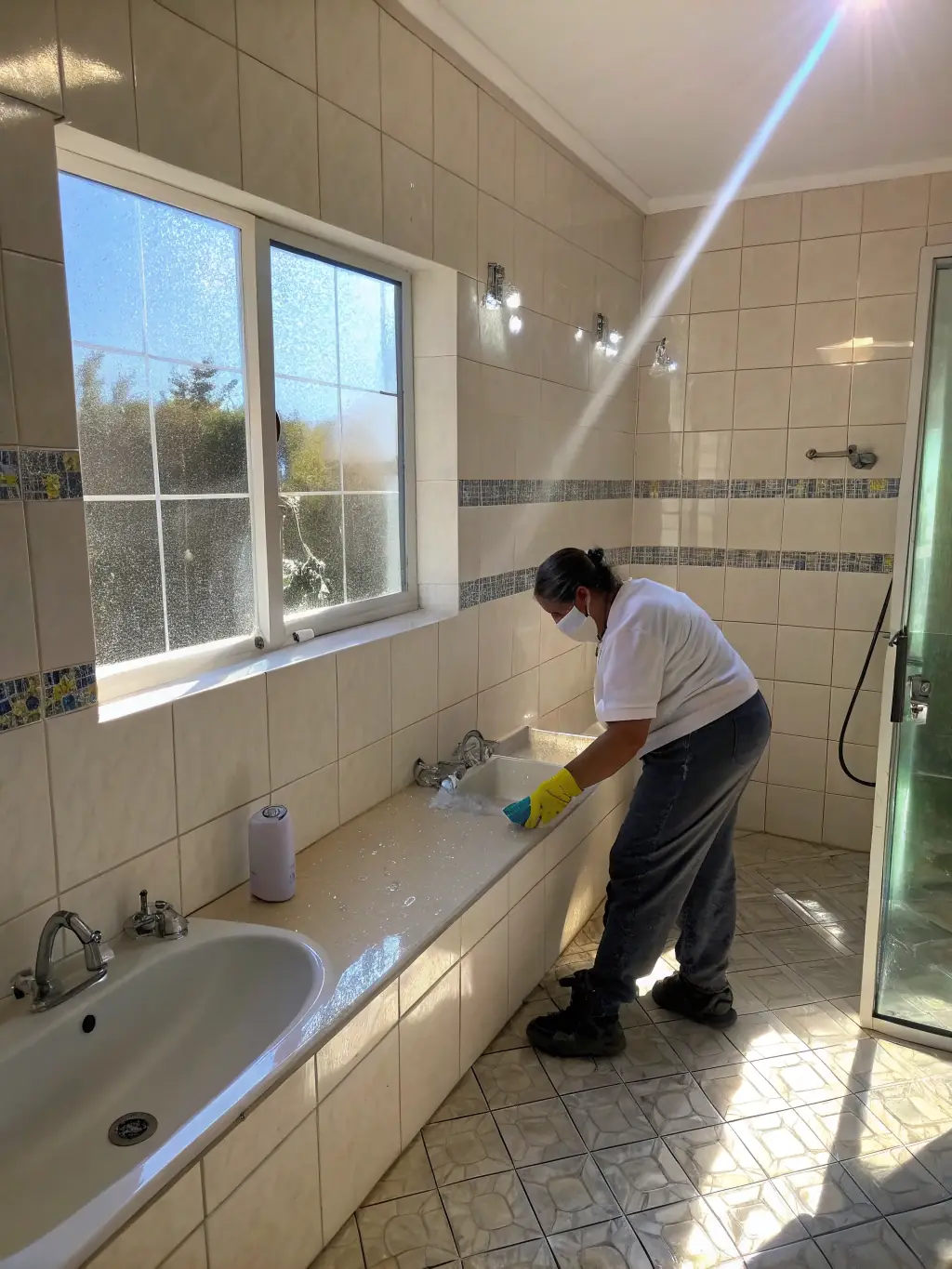 A professional cleaner wearing gloves and a mask, deep cleaning a bathroom in a tourist apartment, with a focus on the sparkling clean tiles and fixtures.