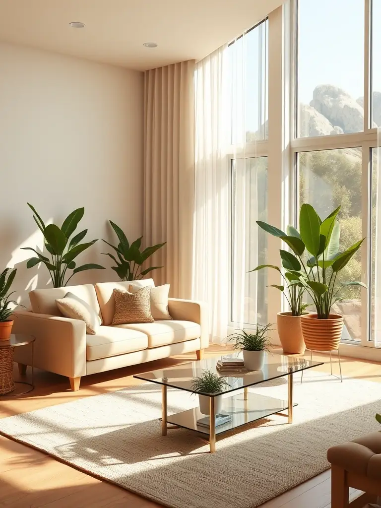 A wide shot of a perfectly cleaned and arranged living room in a tourist apartment, showcasing the overall cleanliness and inviting atmosphere.