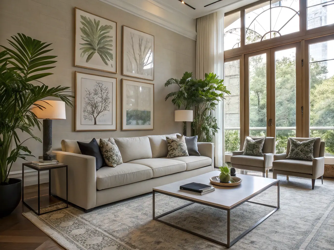 An image showcasing a beautifully arranged and tidy living room in a tourist apartment, highlighting the attention to detail in the final presentation.