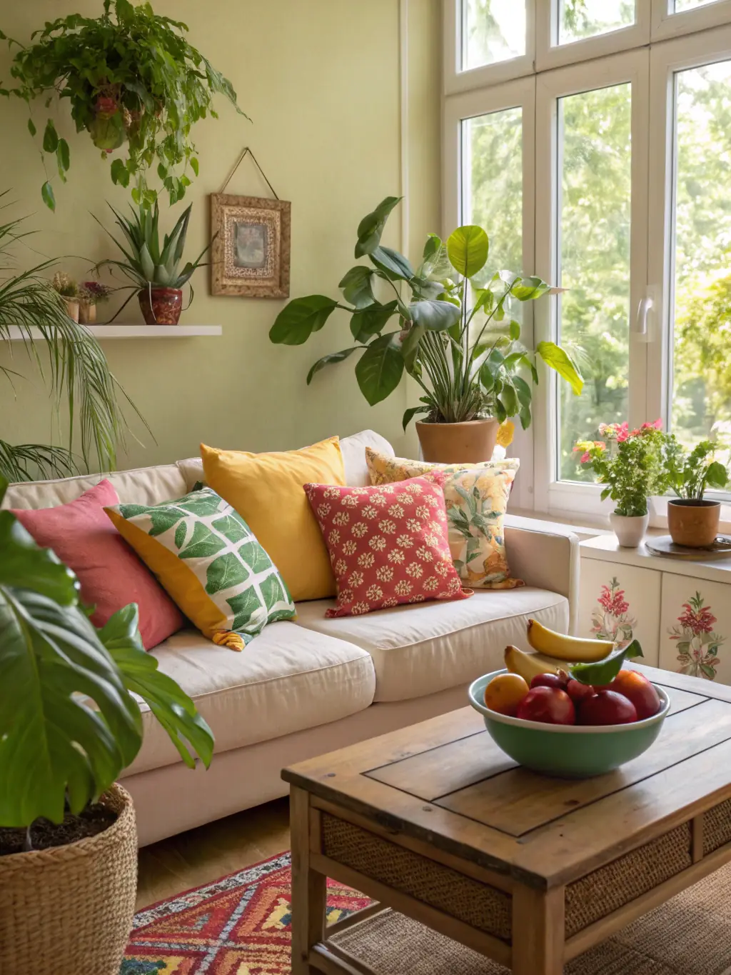 A bright and airy apartment living room, freshly cleaned with visible attention to detail, reflecting the use of ecological products and a healthy environment.