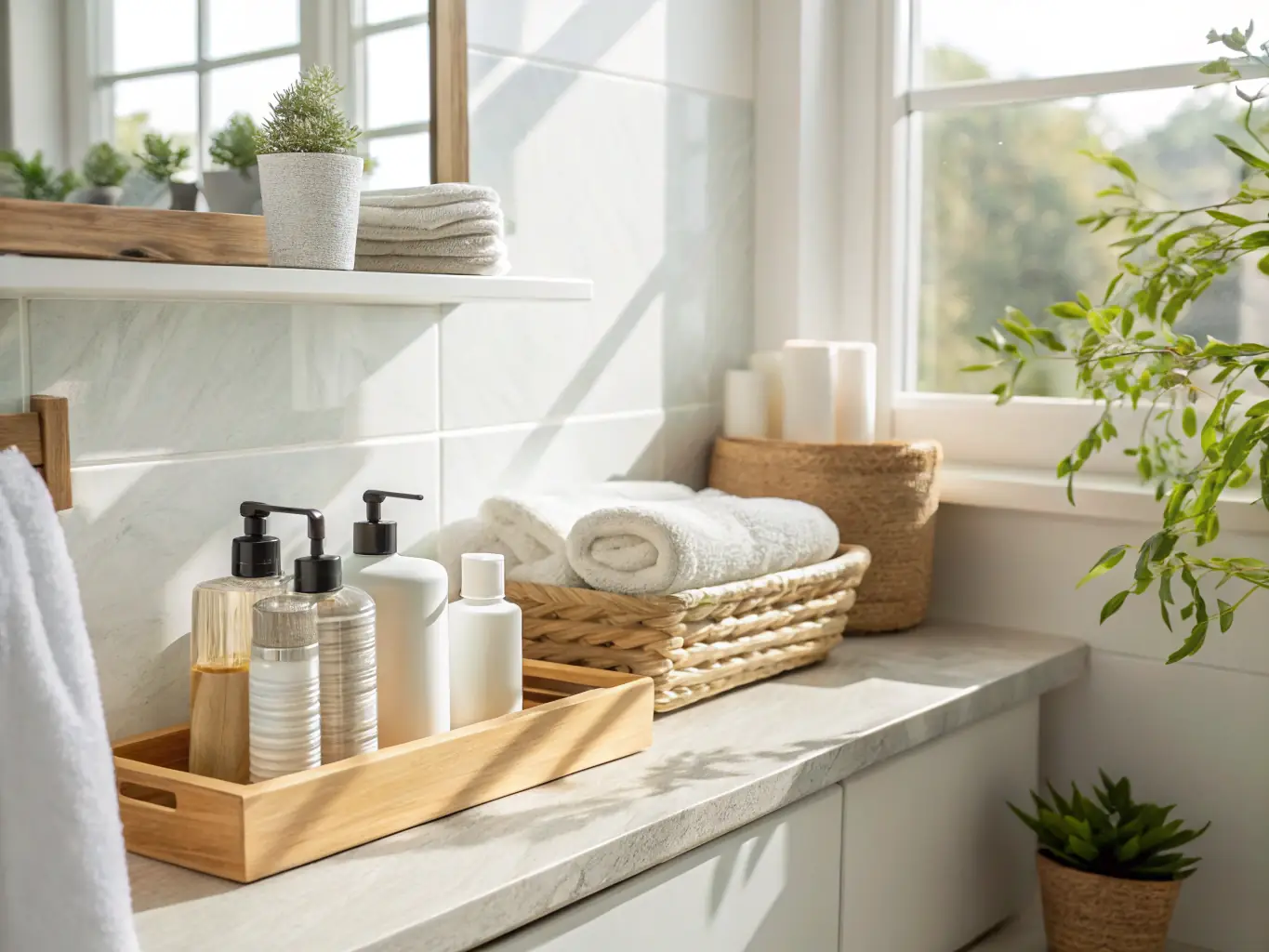 A vibrant image showing fresh, neatly arranged amenities (toiletries, towels) in a tourist apartment bathroom, ready for new guests.